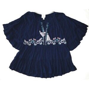 Knox Rose navy blue pink green Embroidered bohemian peasant blouse top shirt S